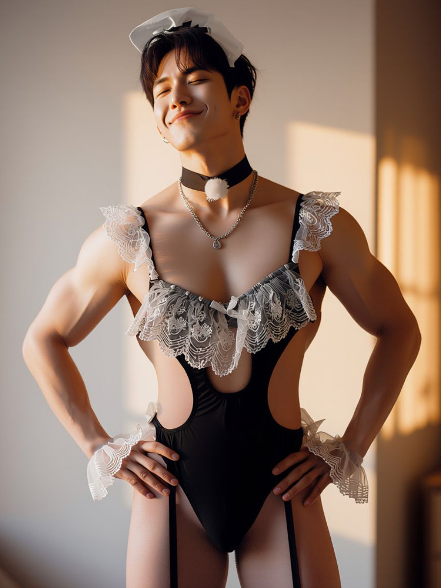Men's French Maid Cosplay Lingerie Set Frilly Lace Teddy Bodysuit with Headband