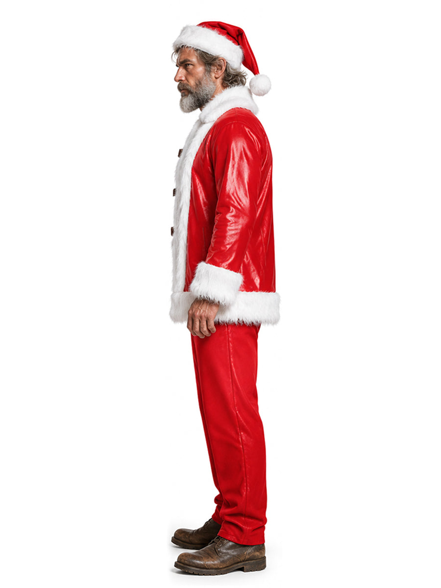 Men's Santa Claus Costume Christmas Red PU Leather Santa Cosplay Suit