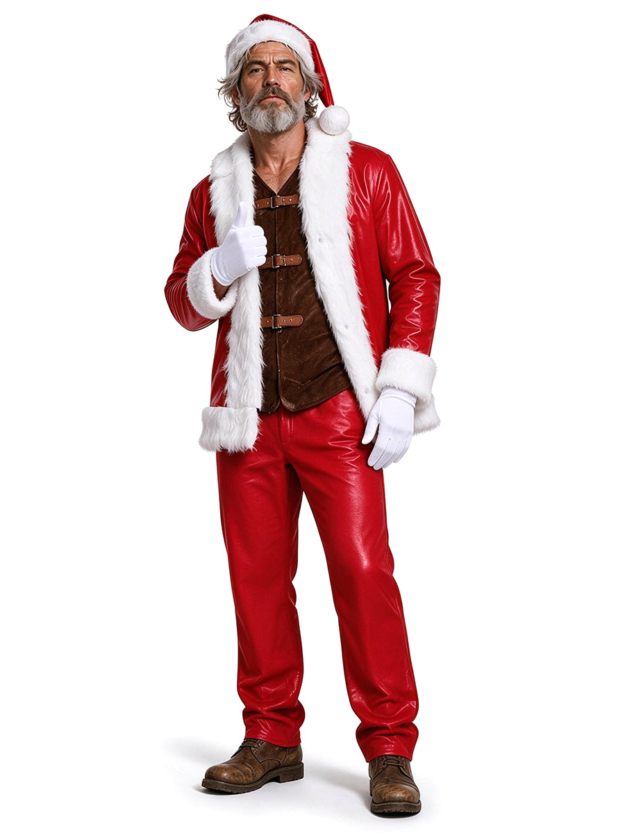 Men's Santa Claus Costume Christmas Red PU Leather Santa Cosplay Suit