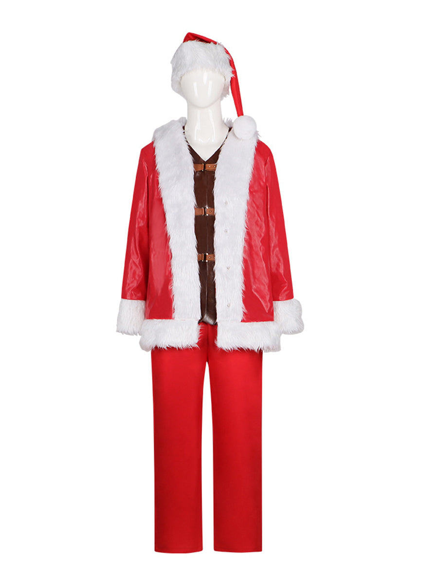 Men's Santa Claus Costume Christmas Red PU Leather Santa Cosplay Suit