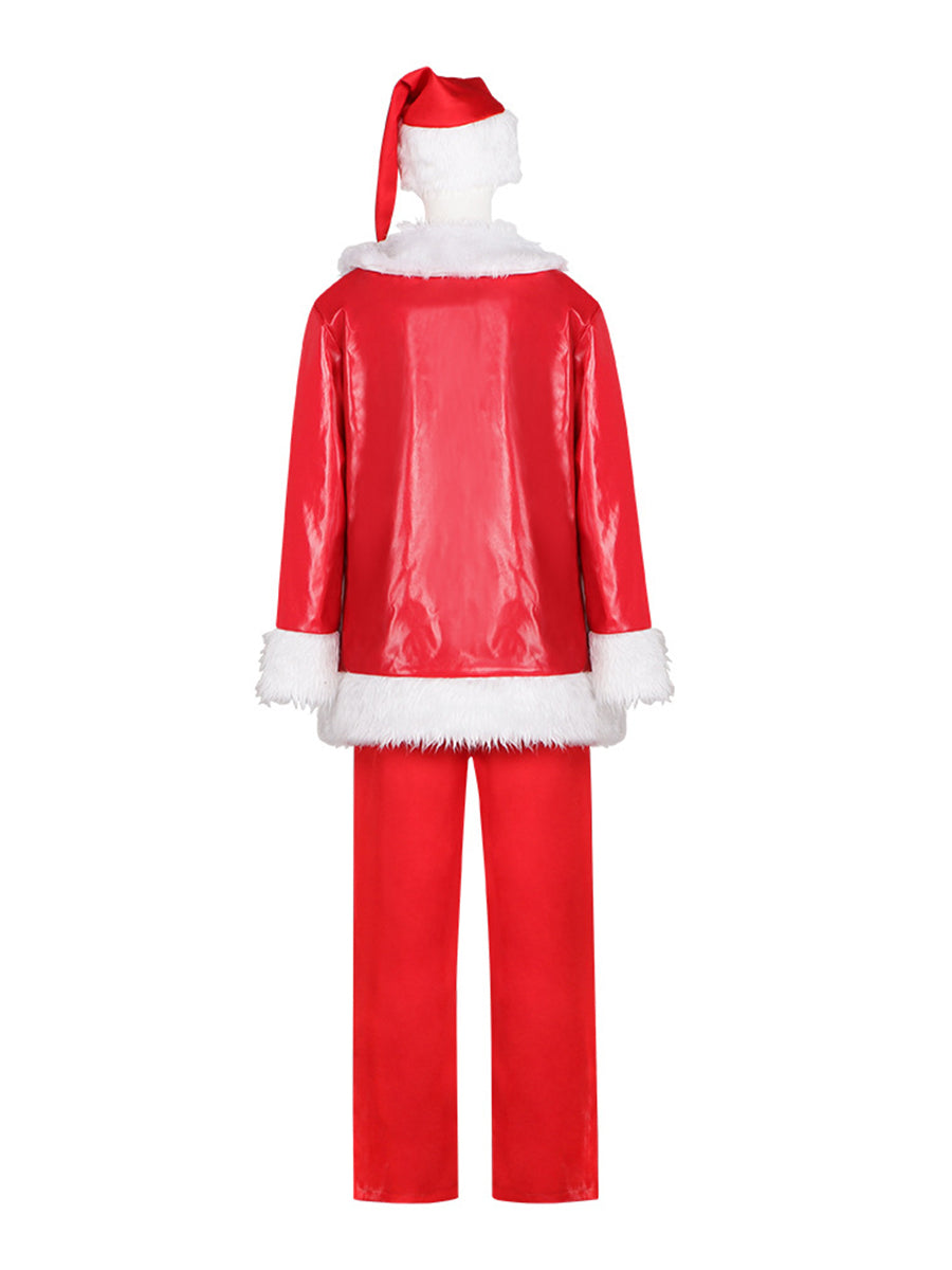 Men's Santa Claus Costume Christmas Red PU Leather Santa Cosplay Suit