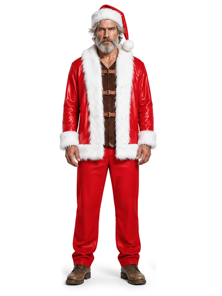 Men's Santa Claus Costume Christmas Red PU Leather Santa Cosplay Suit