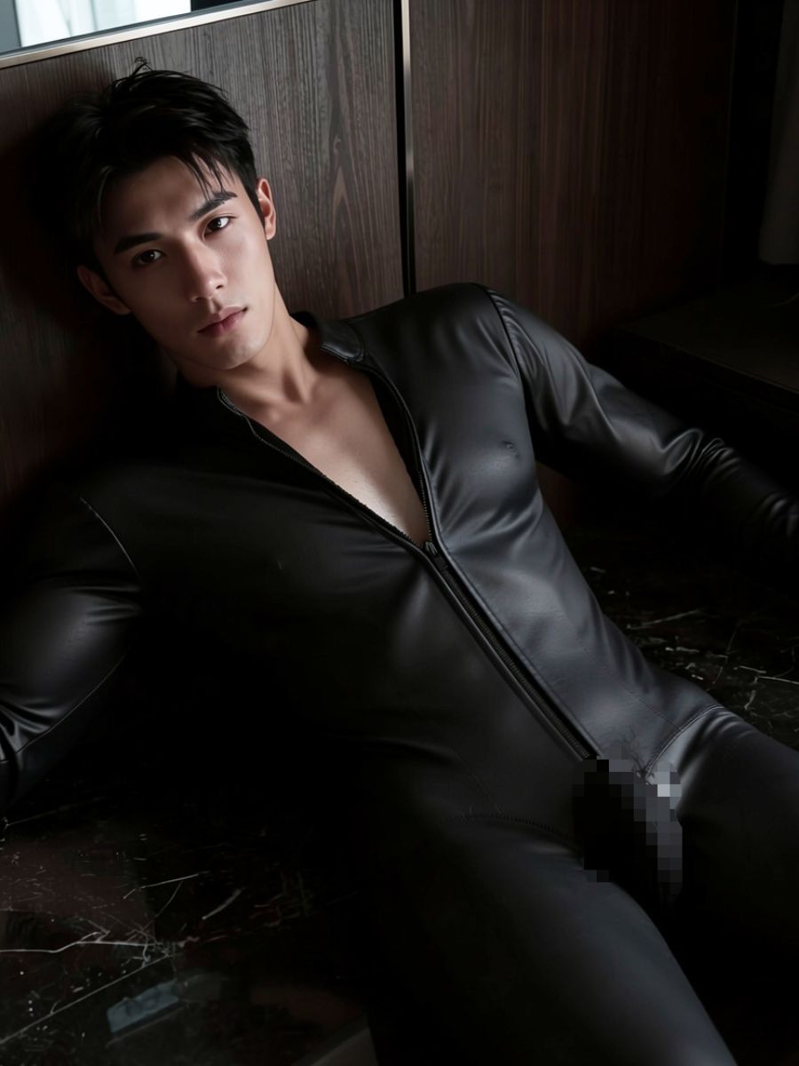 Men's Shiny Faux Leather Jumpsuit Wet Look Zipper Up Full Body Catsuit