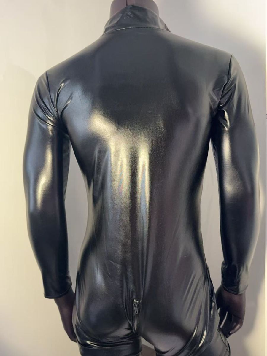 Men's Shiny Faux Leather Jumpsuit Wet Look Zipper Up Full Body Catsuit