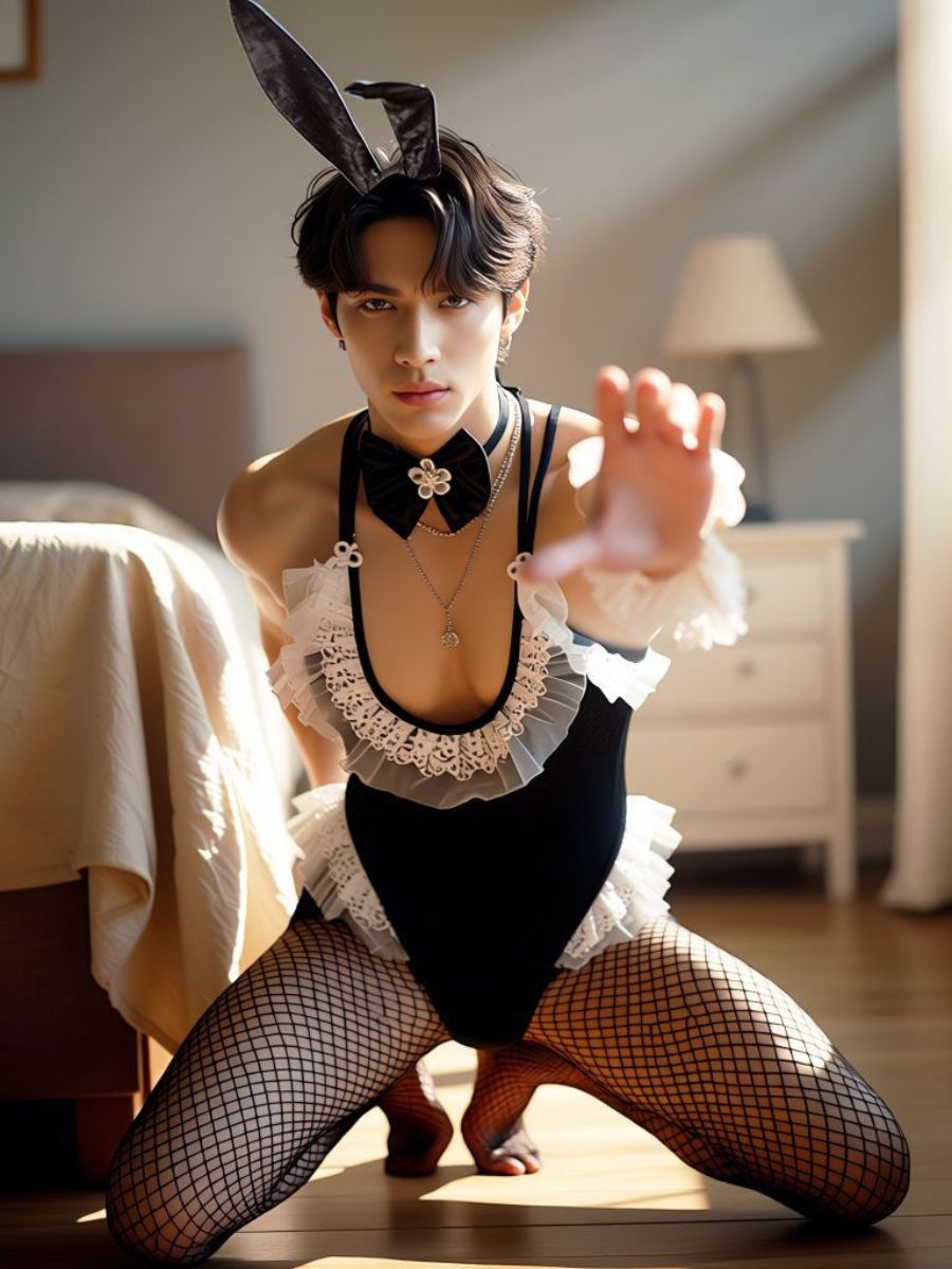Men’s Bunny Bodysuit Lingerie Velvet One Piece Cosplay Outfit wirh Rabbit Ears Headband 