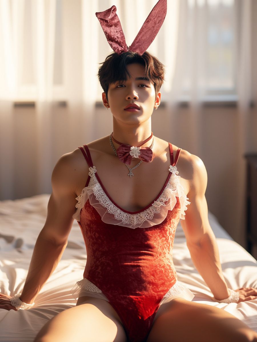 Men’s Bunny Bodysuit Lingerie Velvet One Piece Cosplay Outfit wirh Rabbit Ears Headband 