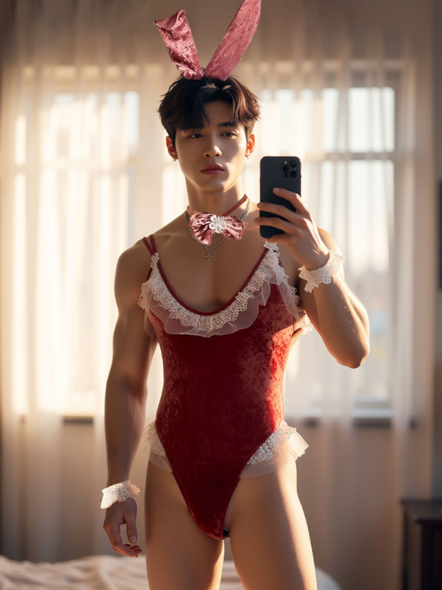 Men’s Bunny Bodysuit Lingerie Velvet One Piece Cosplay Outfit wirh Rabbit Ears Headband 