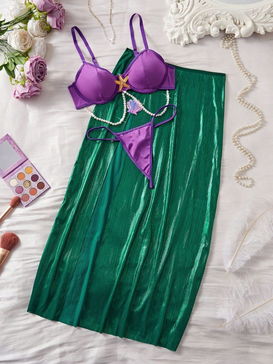 Sexy Little Mermaid Costume Anime Purple Bra Top and Metallic Green Slit Skirt