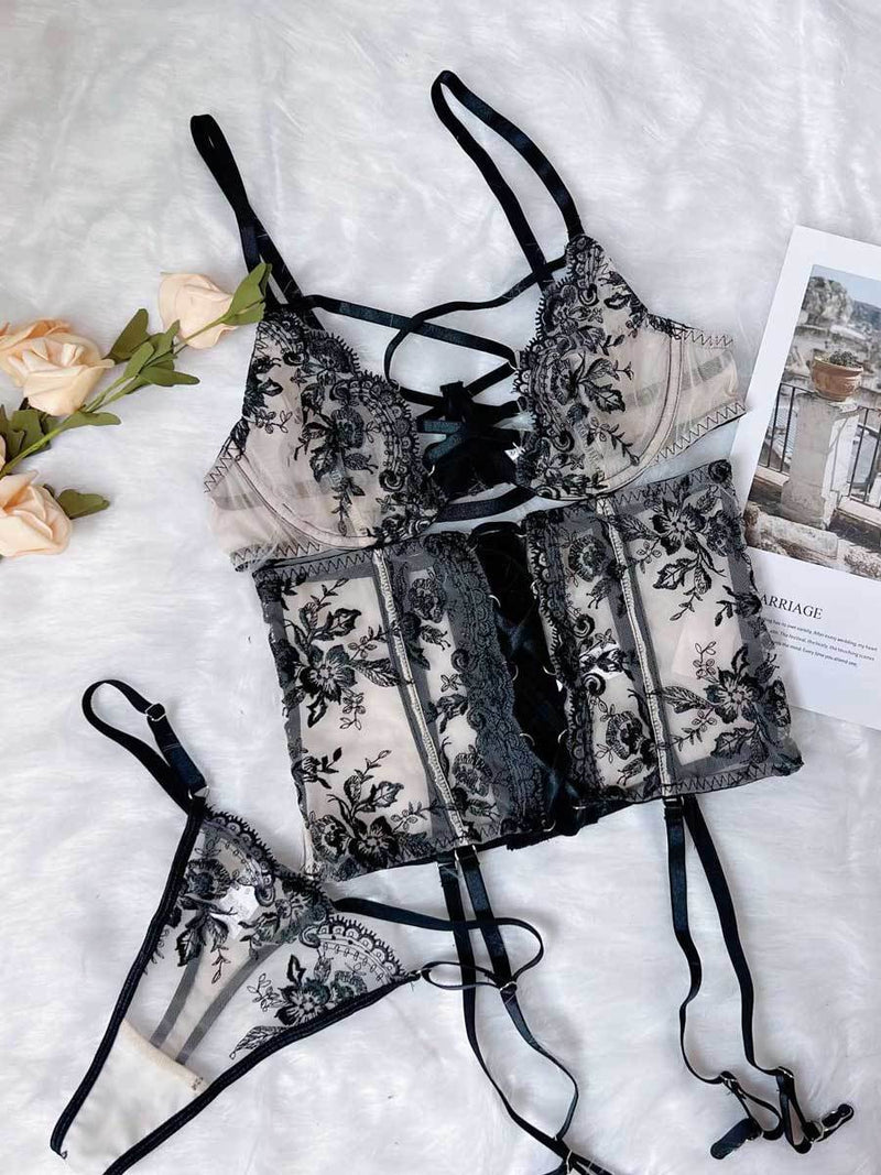 3-Piece Floral Embroidery Lingerie Ensemble
