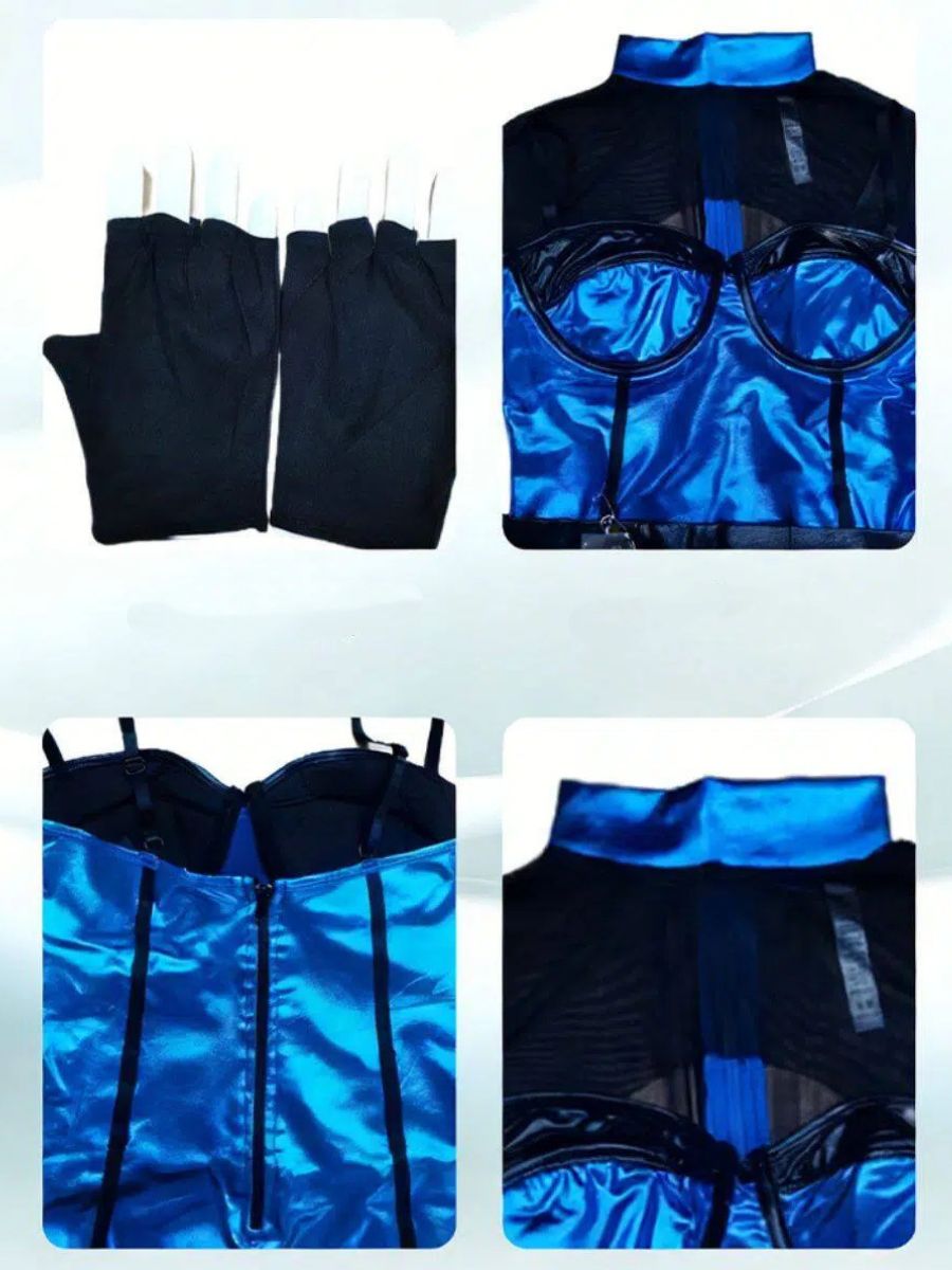 Metallic Blue Police Costume for Women Sexy Cop Bodysuit with Mesh Shrug Set