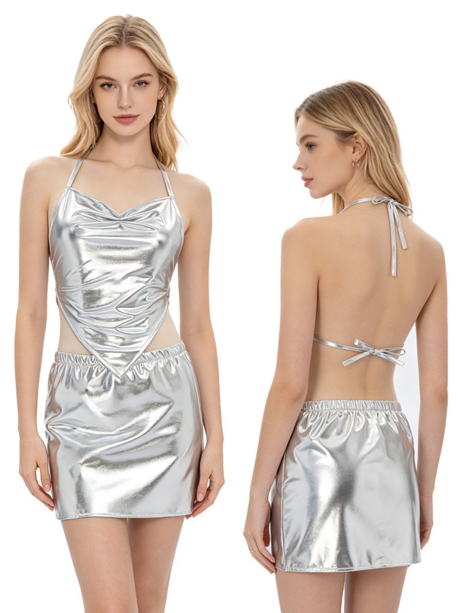Two Piece Metallic Outfits Silver Halter Top and Mini Skirt Set for Music Festival and Party