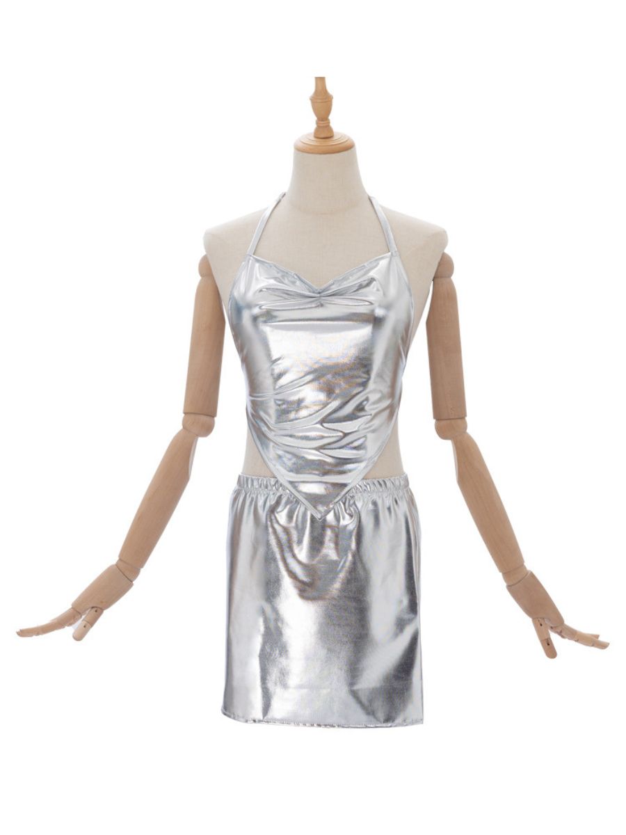 Two Piece Metallic Outfits Silver Halter Top and Mini Skirt Set for Music Festival and Party