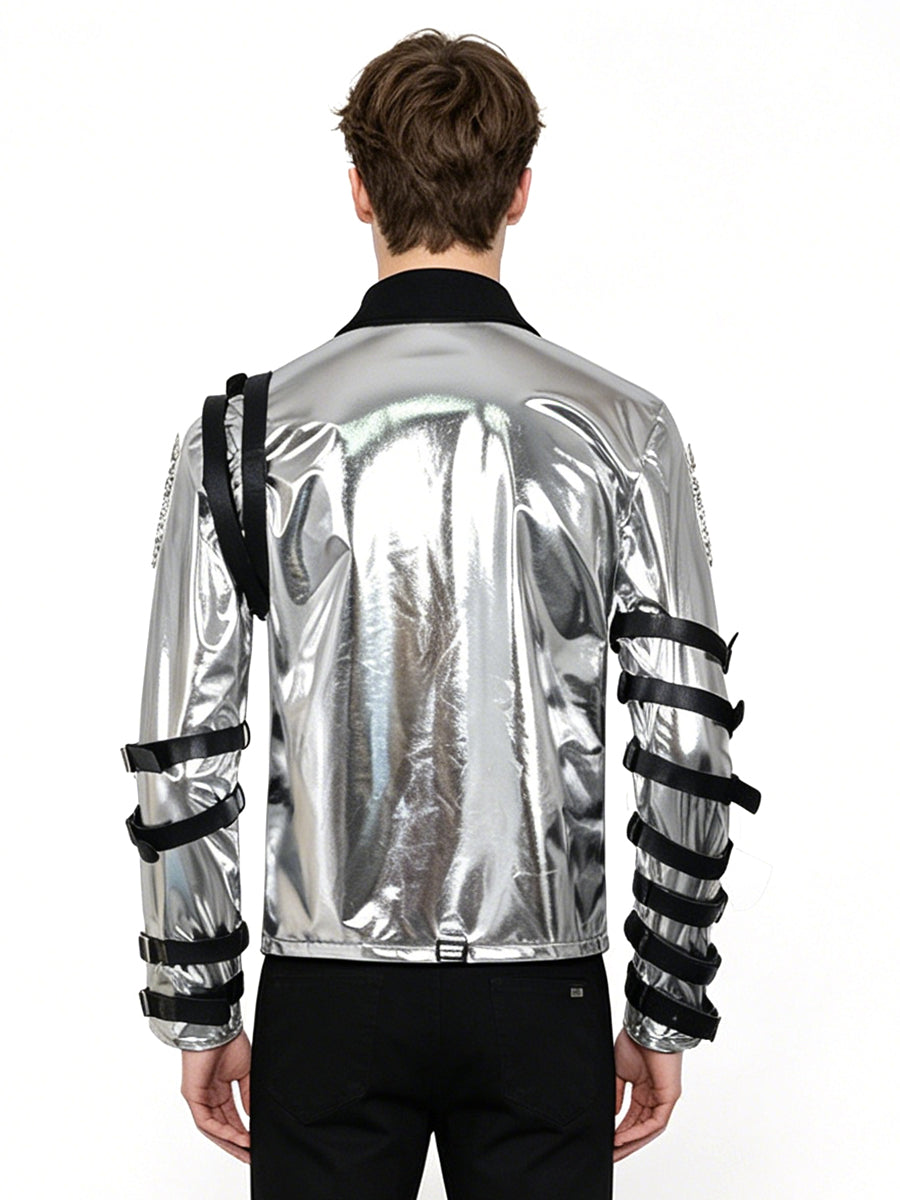 Michael Jackson Silver Buckle Jacket MJ Bad Tour Metallic Stage Style Costume