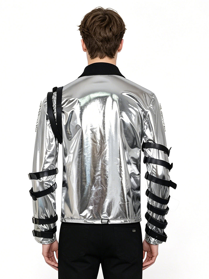 Michael Jackson Silver Buckle Jacket MJ Bad Tour Metallic Stage Style Costume