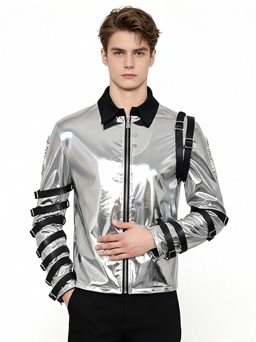 Michael Jackson Silver Buckle Jacket MJ Bad Tour Metallic Stage Style Costume