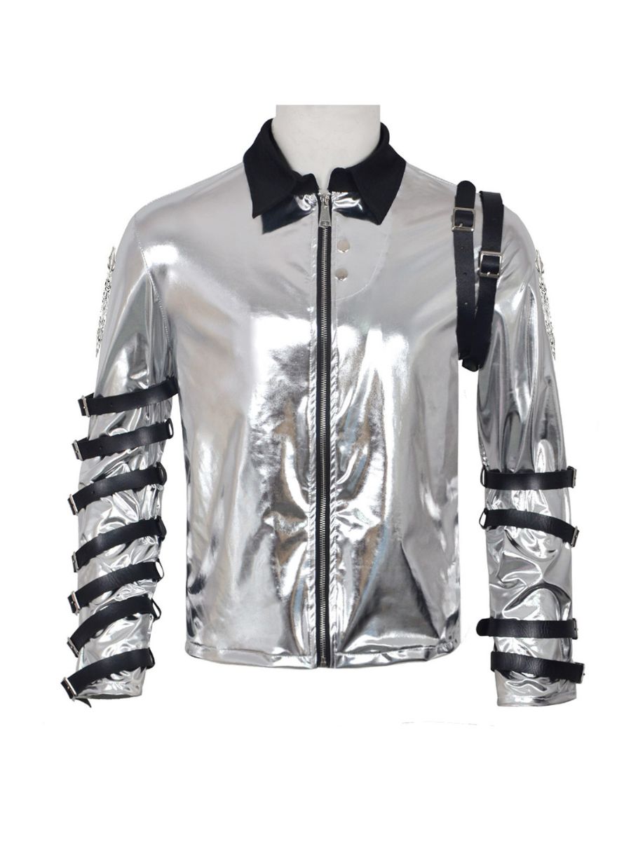Michael Jackson Silver Buckle Jacket MJ Bad Tour Metallic Stage Style Costume