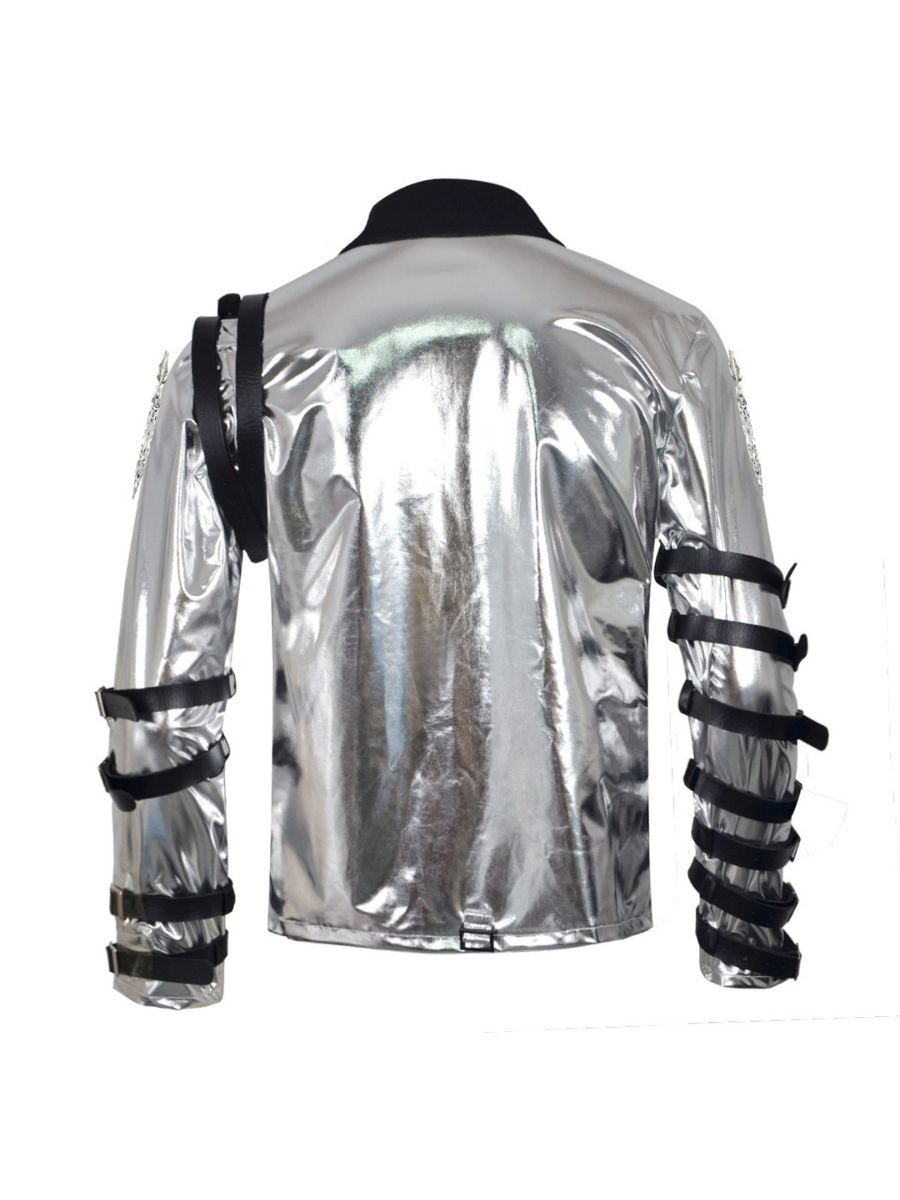 Michael Jackson Silver Buckle Jacket MJ Bad Tour Metallic Stage Style Costume