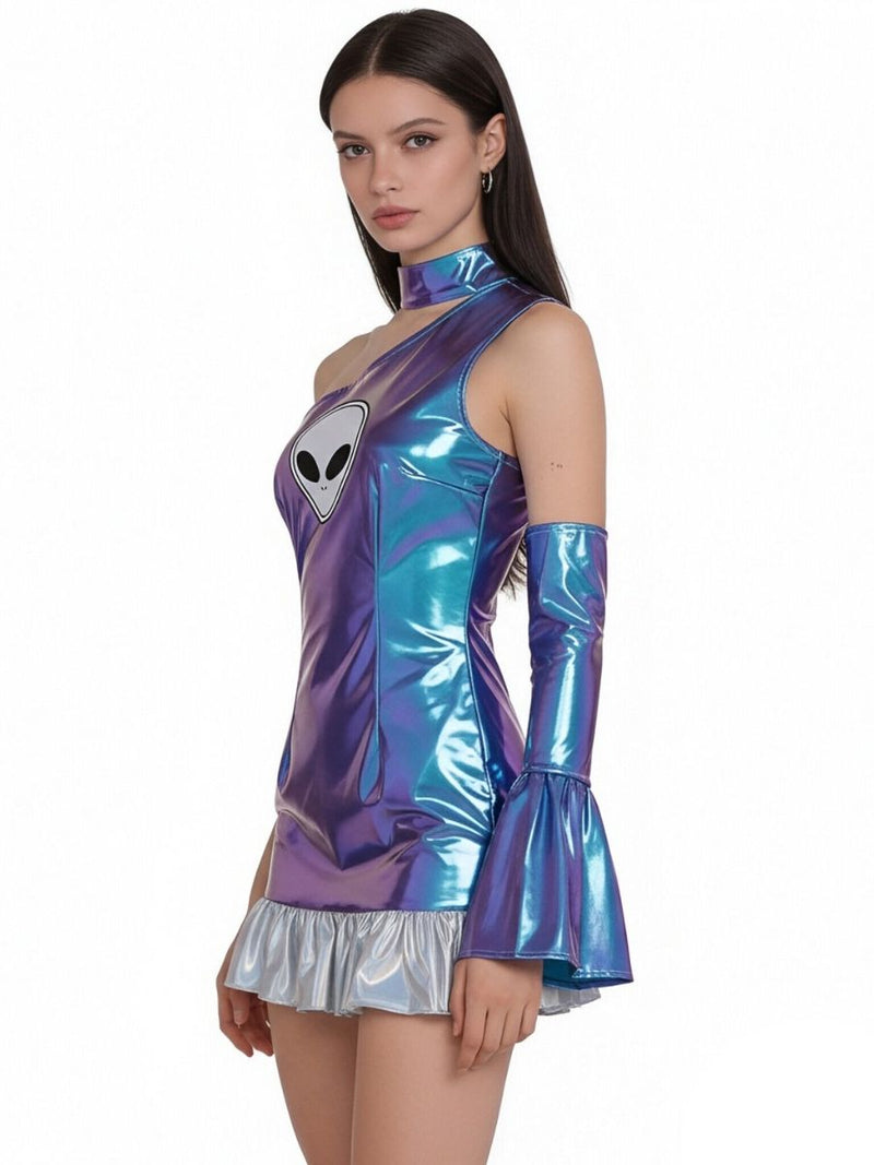 Metallic One Shoulder Mini Dress Holographic Space Girl Rave Cosplay Outfit with Bell Sleeve