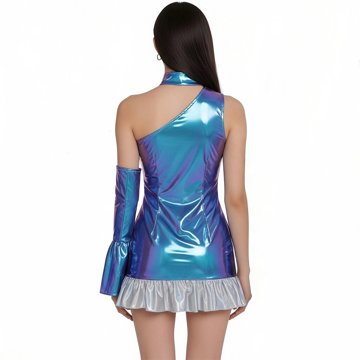 Metallic One Shoulder Mini Dress Holographic Space Girl Rave Cosplay Outfit with Bell Sleeve