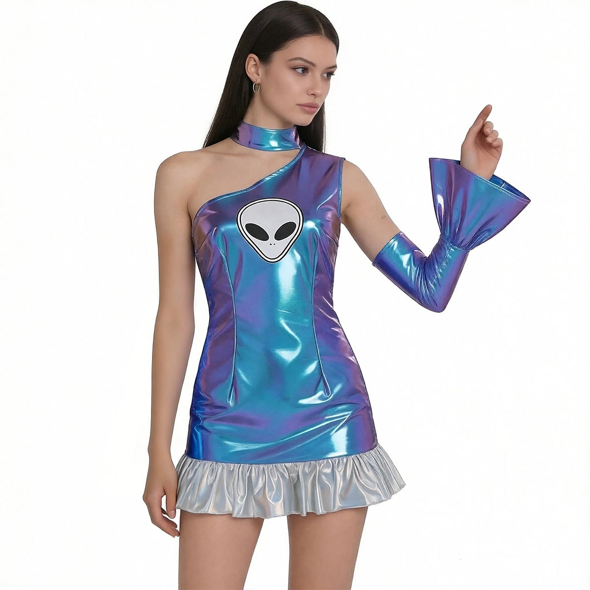 Metallic One Shoulder Mini Dress Holographic Space Girl Rave Cosplay Outfit with Bell Sleeve