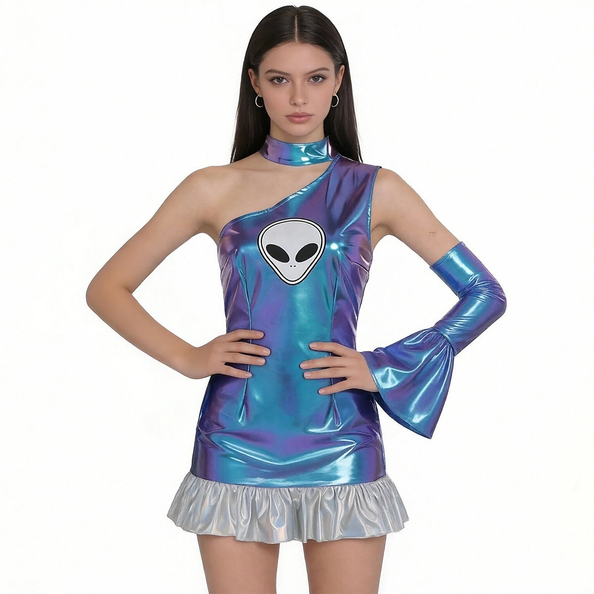 Metallic One Shoulder Mini Dress Holographic Space Girl Rave Cosplay Outfit with Bell Sleeve