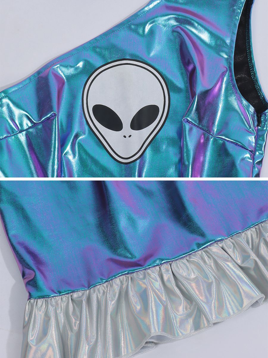 Metallic One Shoulder Mini Dress Holographic Space Girl Rave Cosplay Outfit with Bell Sleeve