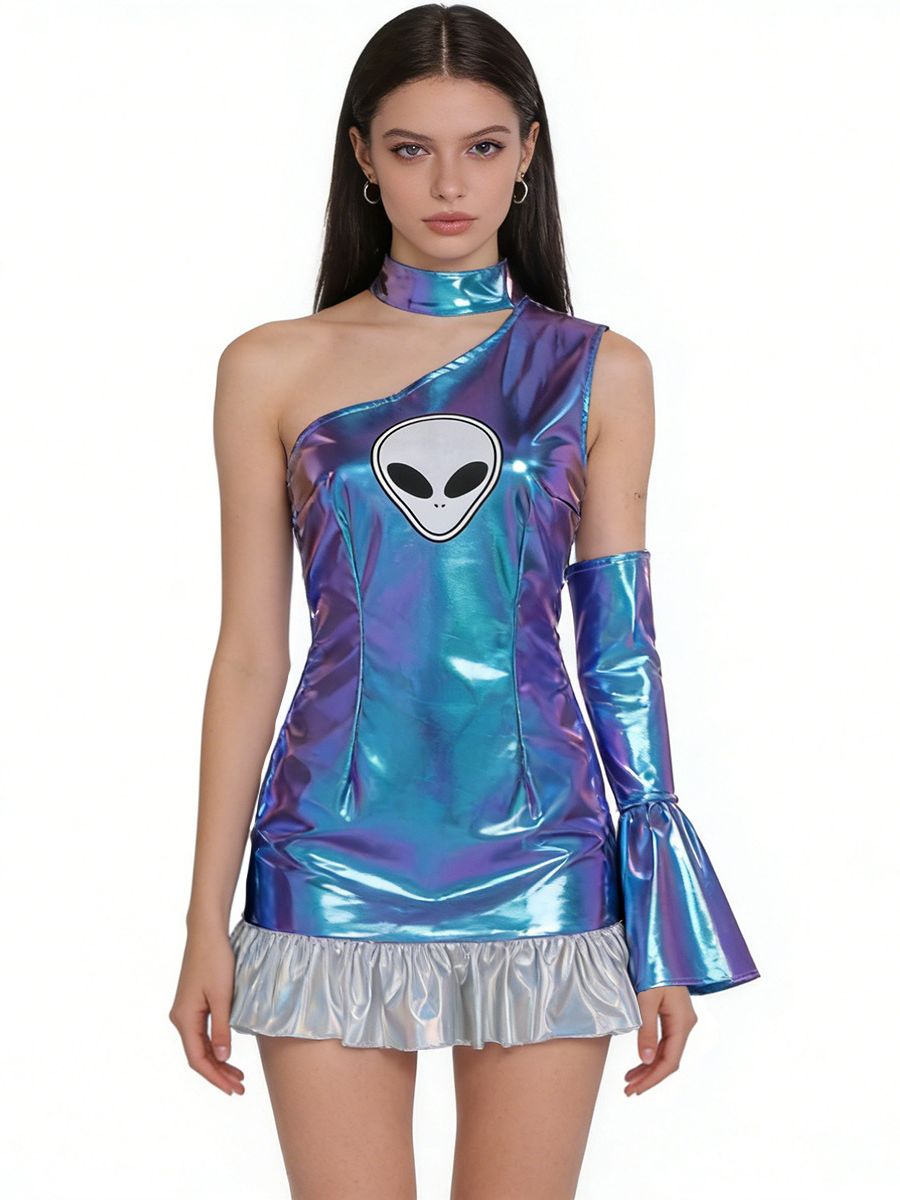 Metallic One Shoulder Mini Dress Holographic Space Girl Rave Cosplay Outfit with Bell Sleeve