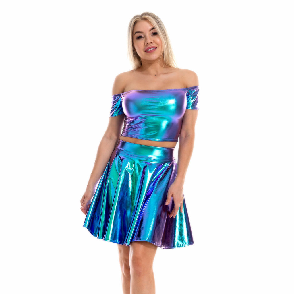 Sexy Metallic Skirt Set Girly Holographic Rave Outfits Two Piece Off S ...
