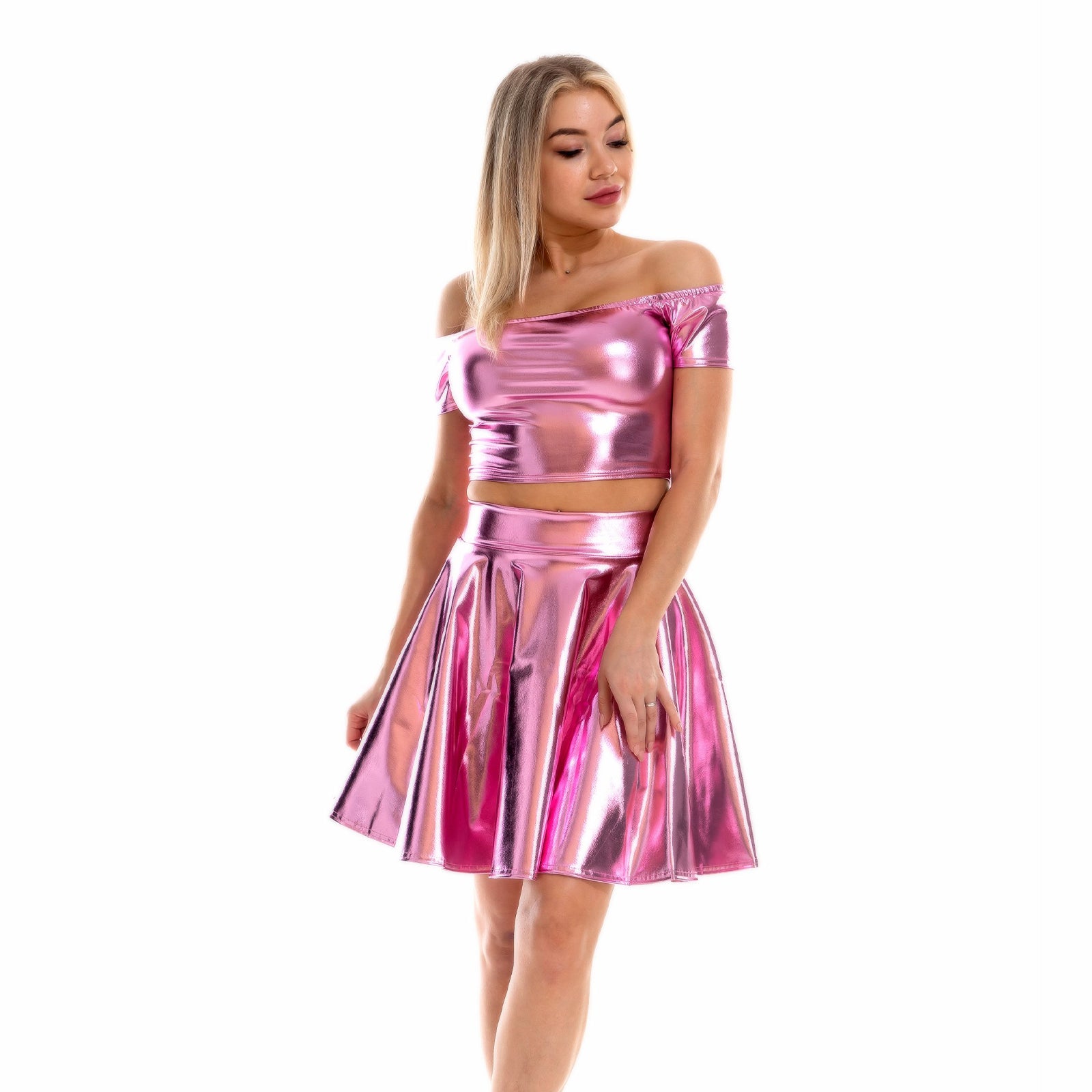 Sexy Metallic Skirt Set Girly Holographic Rave Outfits Two Piece