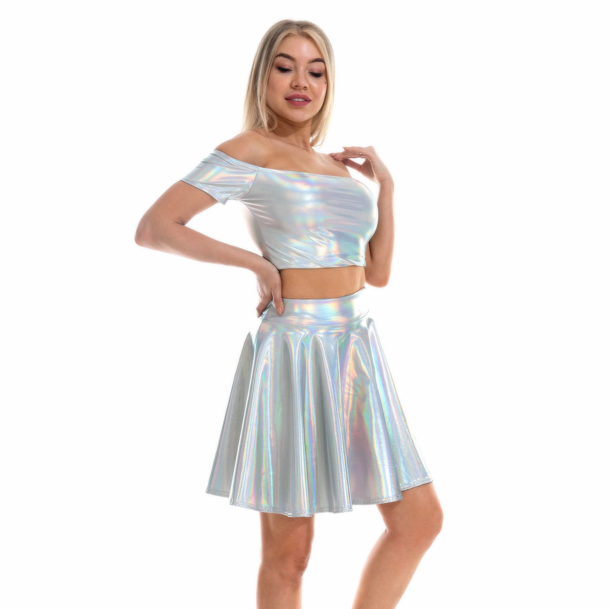 Pink Metallic Skirt Set Two Piece Rave Outfits Long Sleeve Crop Top an –  YOMORIO