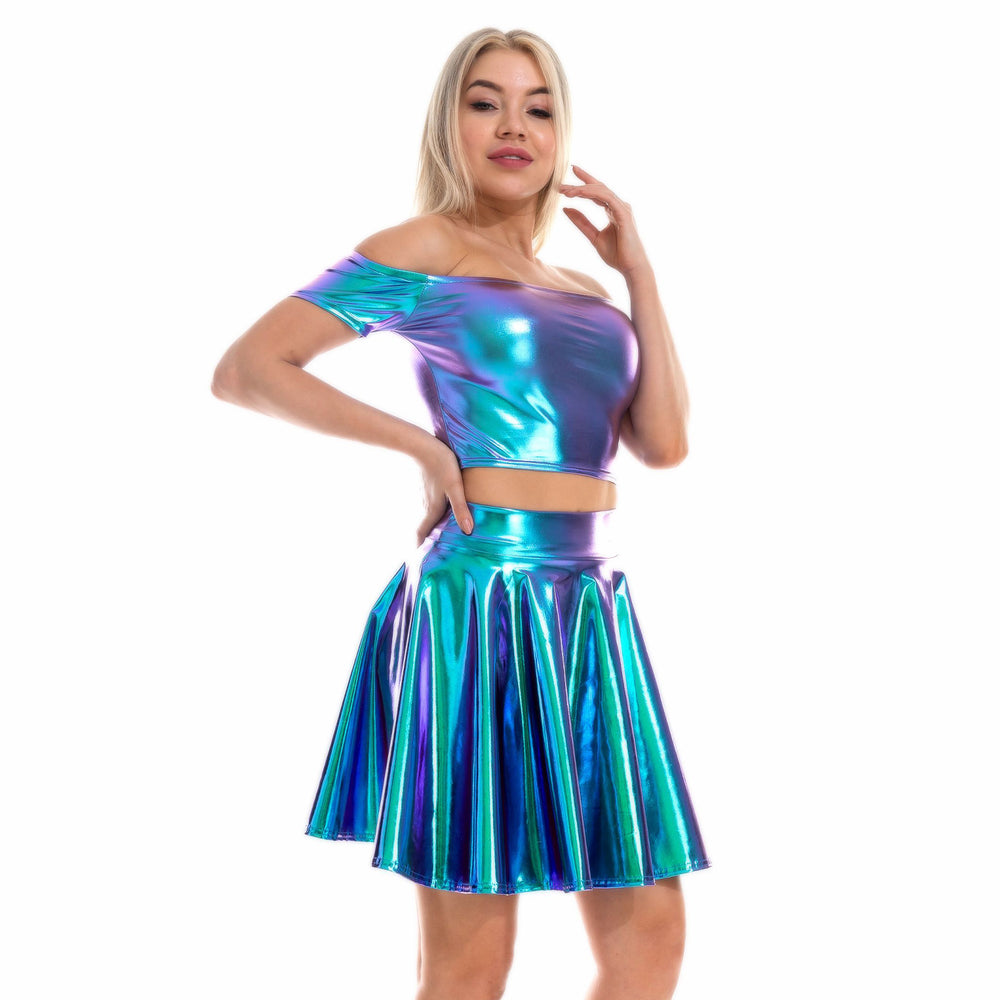 Sexy Metallic Skirt Set Girly Holographic Rave Outfits Two Piece Off S ...