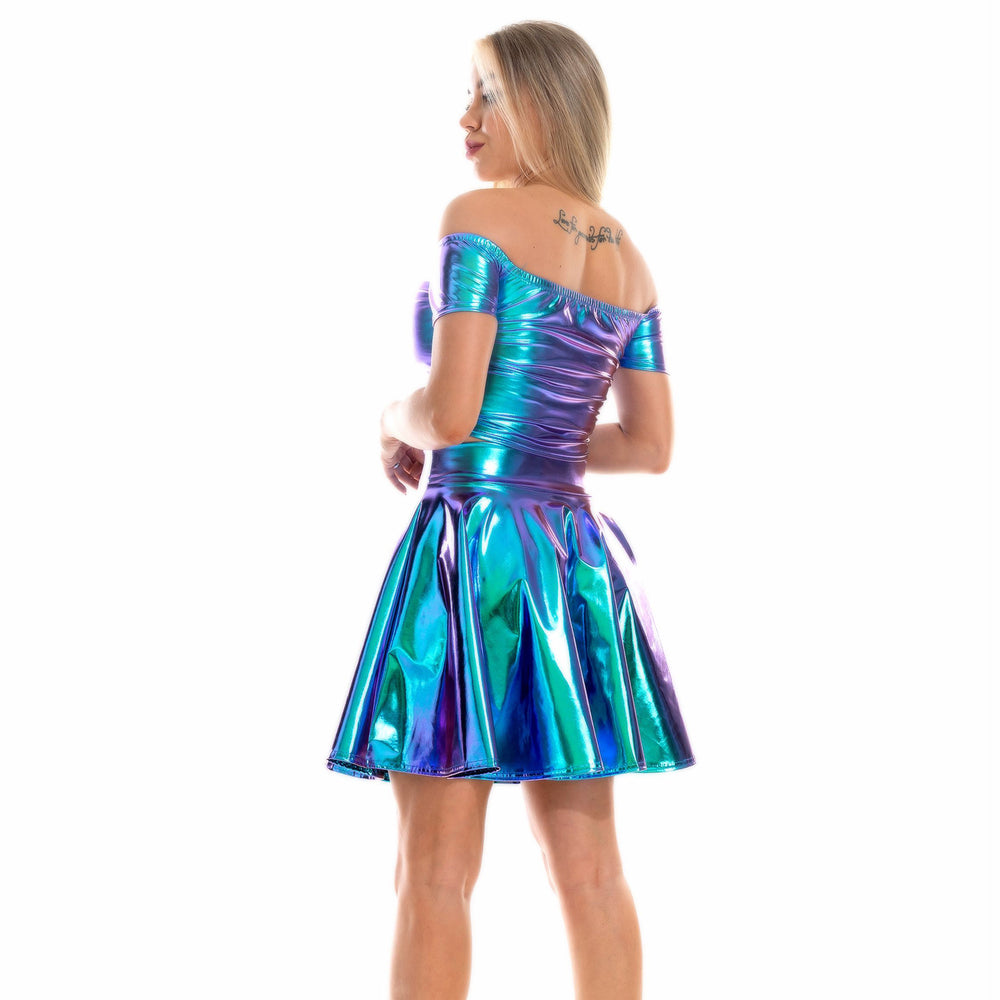 Sexy Metallic Skirt Set Girly Holographic Rave Outfits Two Piece Off S ...