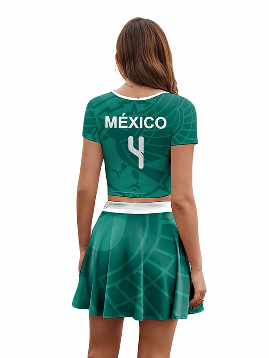 Sporty Mexico Soccer Fan Outfit for Women Green Cheerleader Crop Top and Mini Skirt