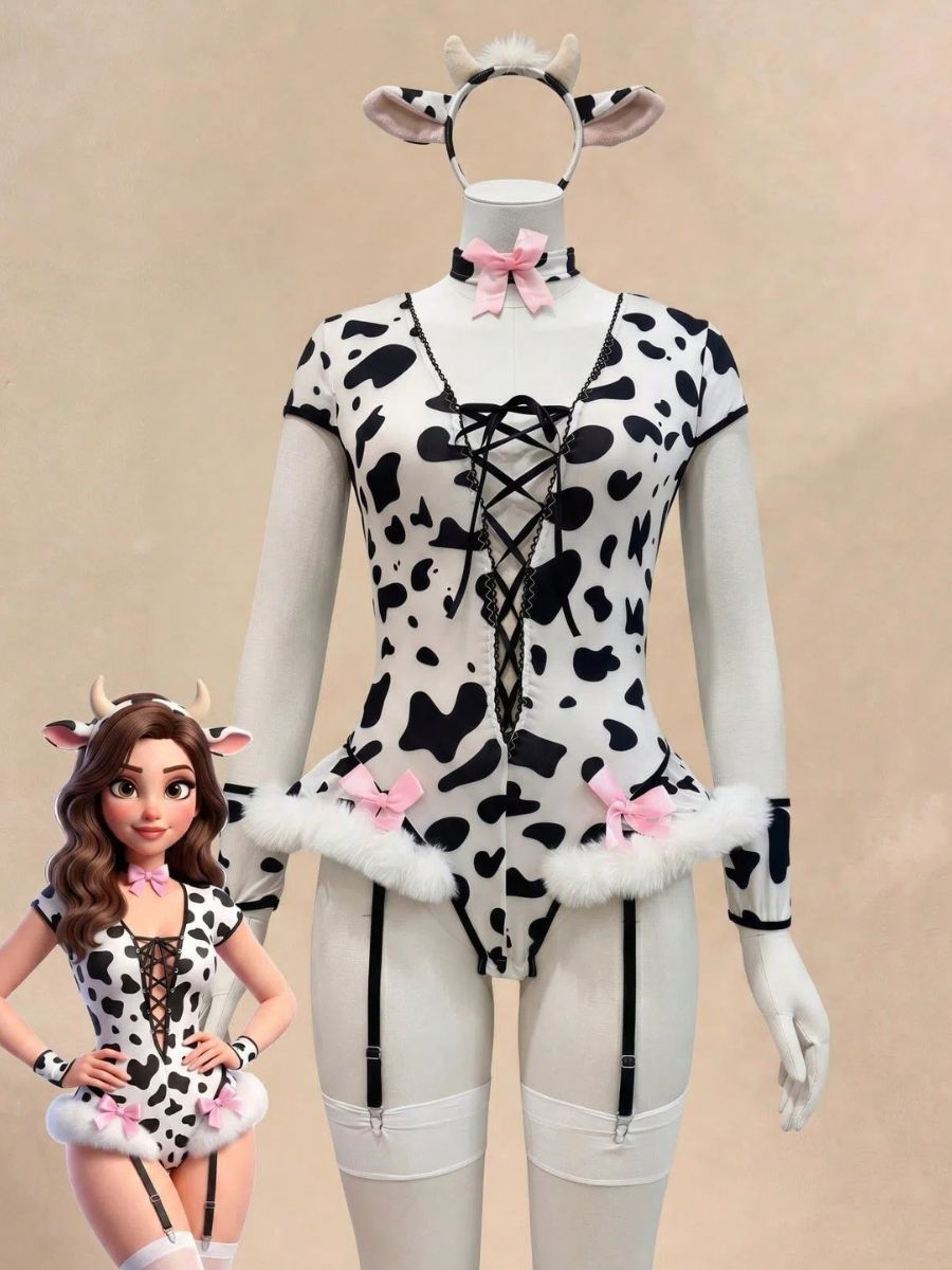 Milk Cow Print Teddy Lingerie Sexy Animal Cosplay Outfit Lace Up Furry Trim Bodysuit