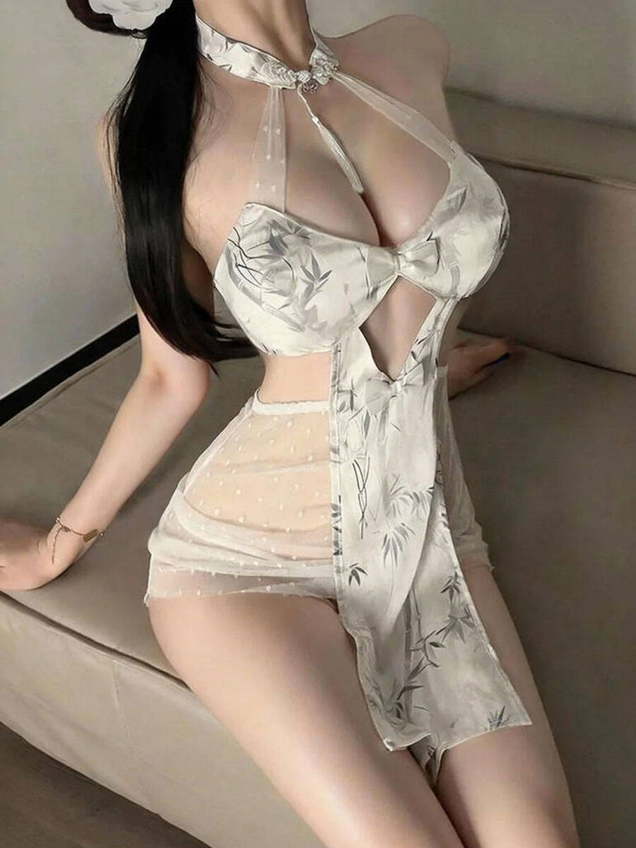 Modern Lace Halter Qipao Lingerie Set Sheer Chinese Style Cheongsam Babydoll Dress