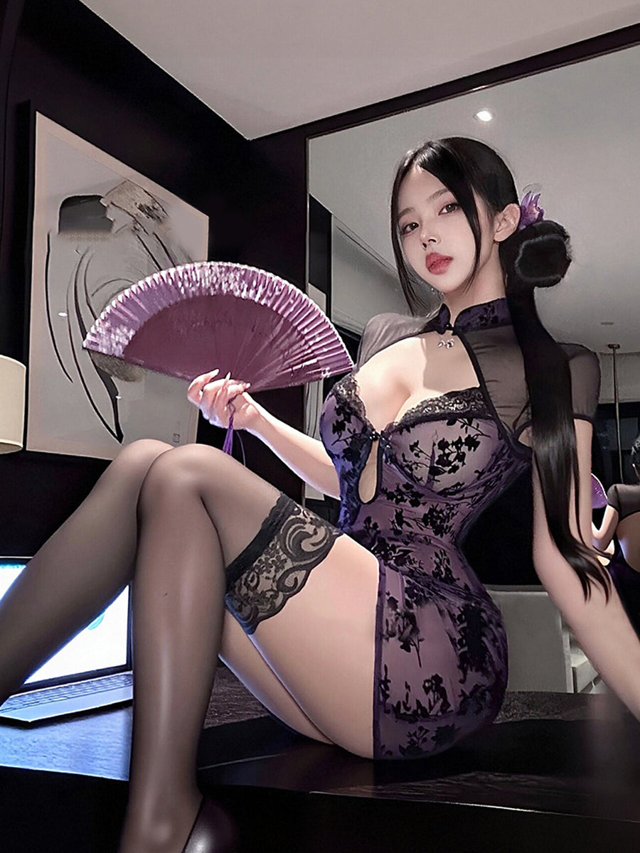 Sheer Floral Lace Cheongsam Dress Purple Backless Modern Qipao Mini Nightwear