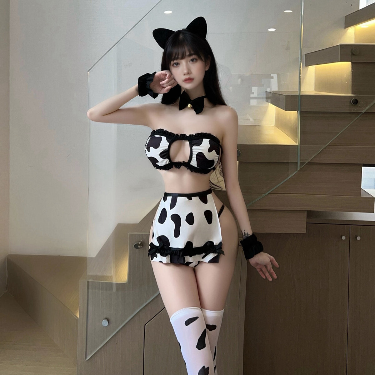 Kawaii Cow Print Cosplay Lingerie Set Sexy Hollow Out Bandeau and Mini Apron Skirt