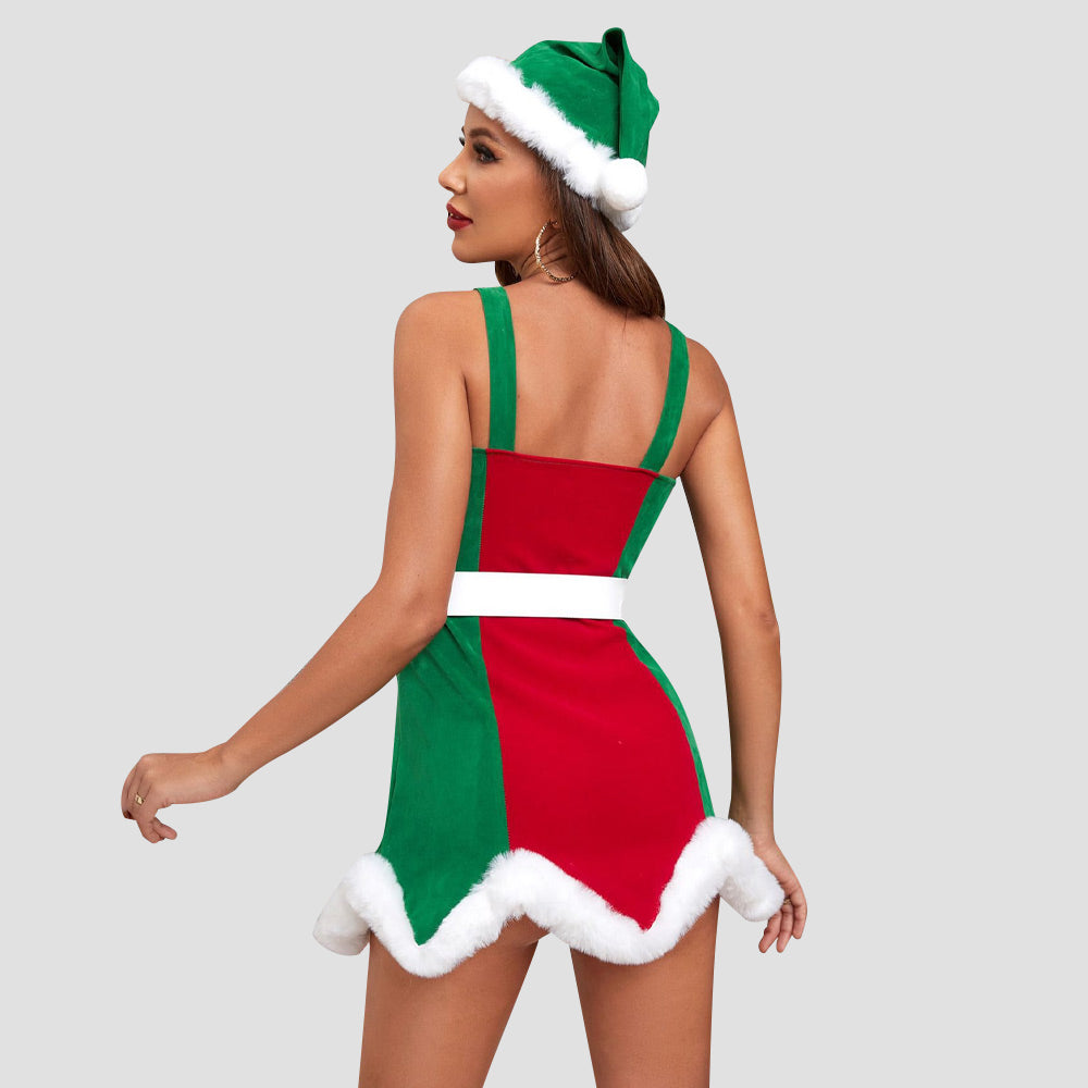 Sexy Elf Costume Naughty Fuzzy Christmas Party Dress with Hat Mrs Clause Cosplay Outfits