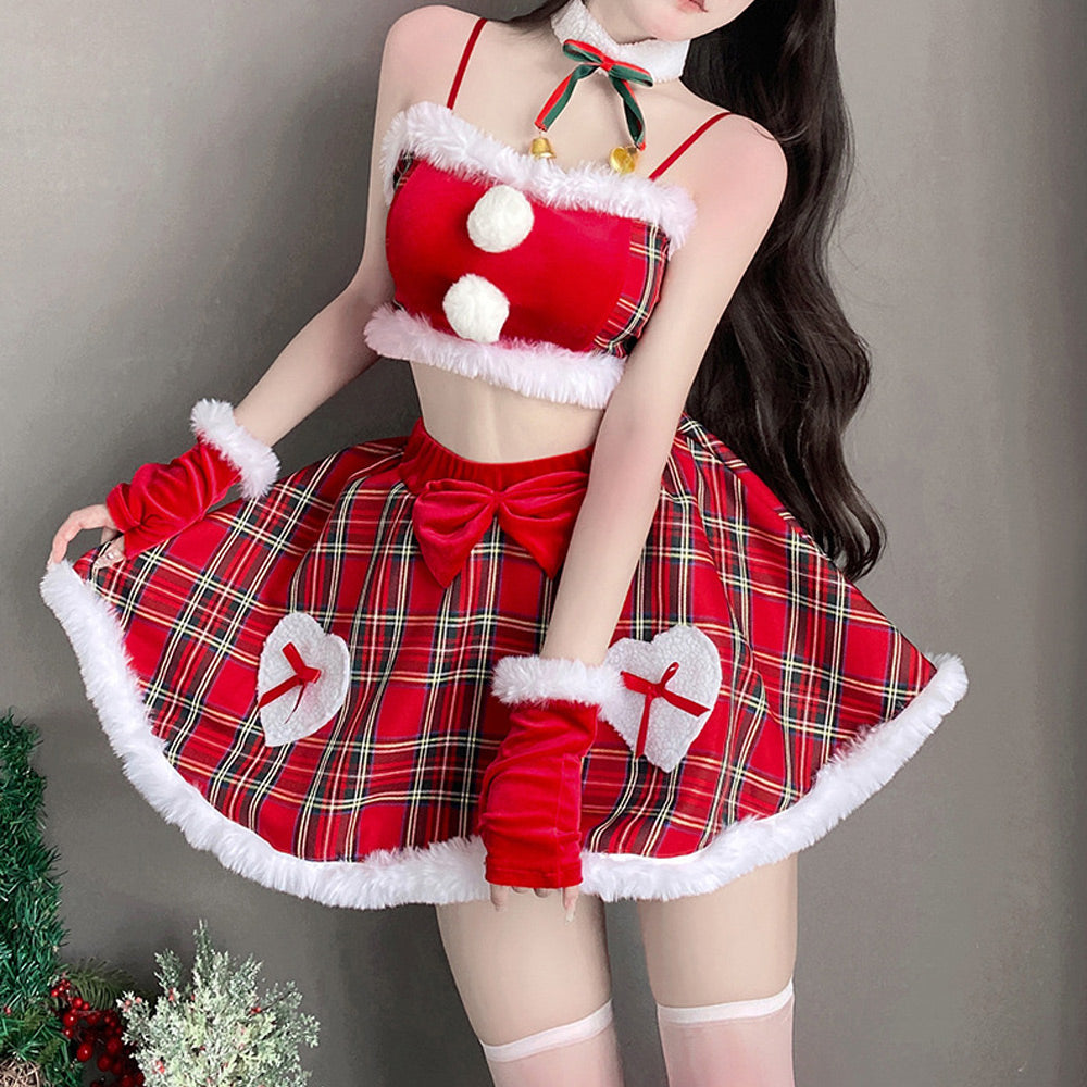 Naughty Santa Costume Mrs Claus Cosplay Outfit Christma Red Plaid Skirt Set