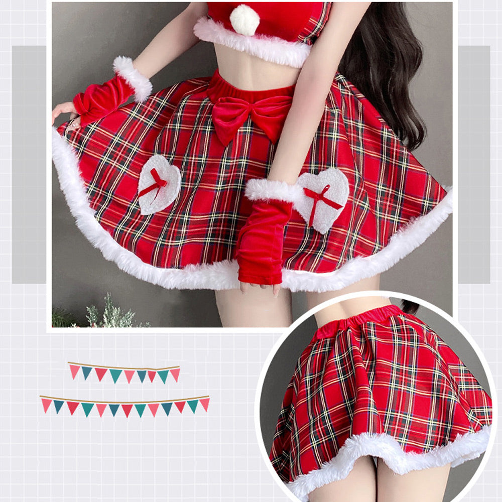 Naughty Santa Costume Mrs Claus Cosplay Outfit Christma Red Plaid Skirt Set