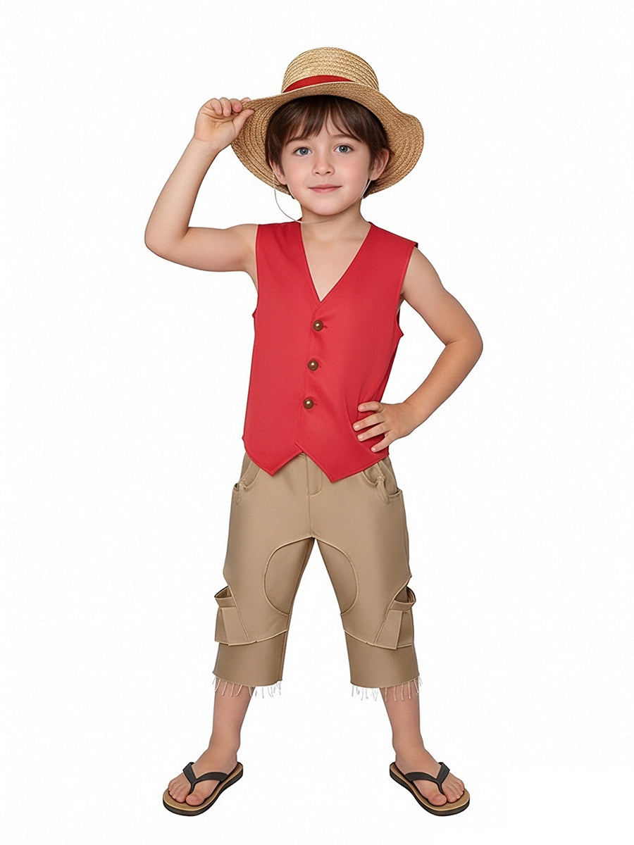 One Piece Luffy Costume Anime Pirate Cosplay Outfit Red Vest and Khaki Cargo Shorts with Straw Hat