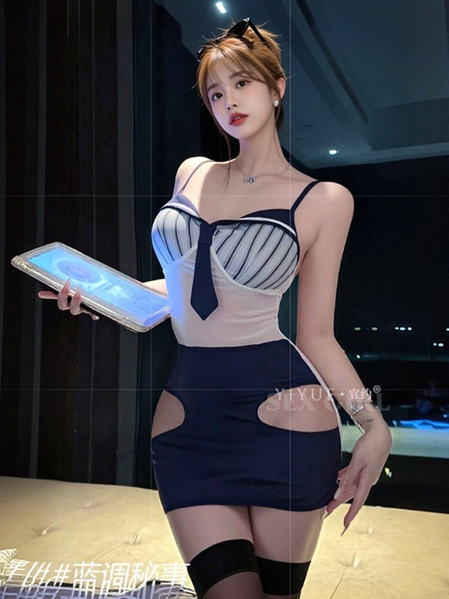 Sexy Navy Office Lady Cosplay Lingerie Anime Secretary Striped Bodycon Dress 