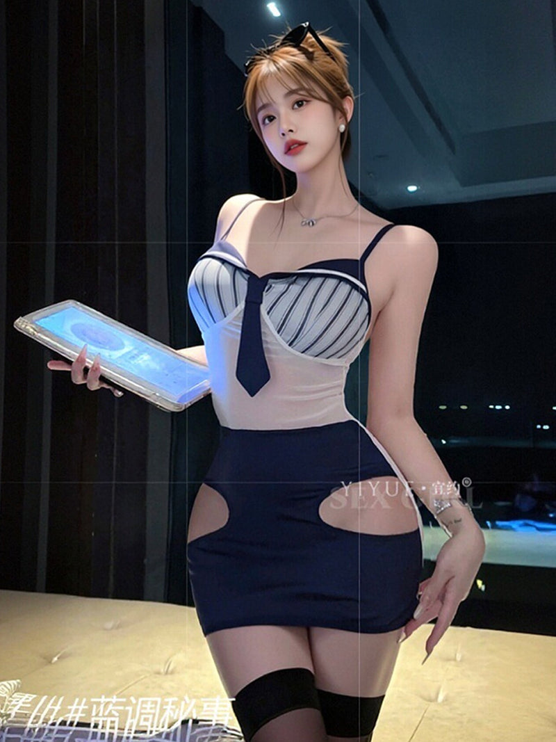 Sexy Navy Office Lady Cosplay Lingerie Anime Secretary Striped Bodycon Dress 