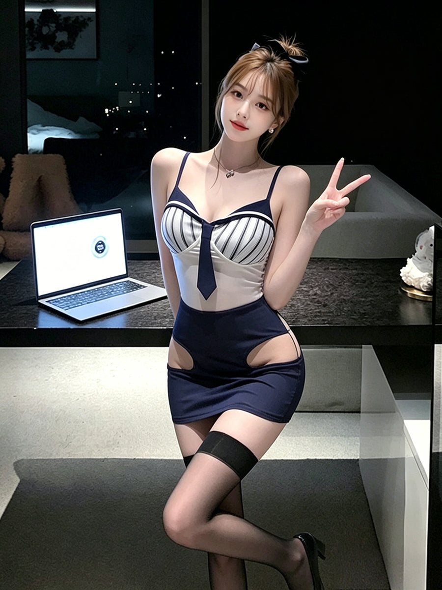 Sexy Navy Office Lady Cosplay Lingerie Anime Secretary Striped Bodycon Dress 