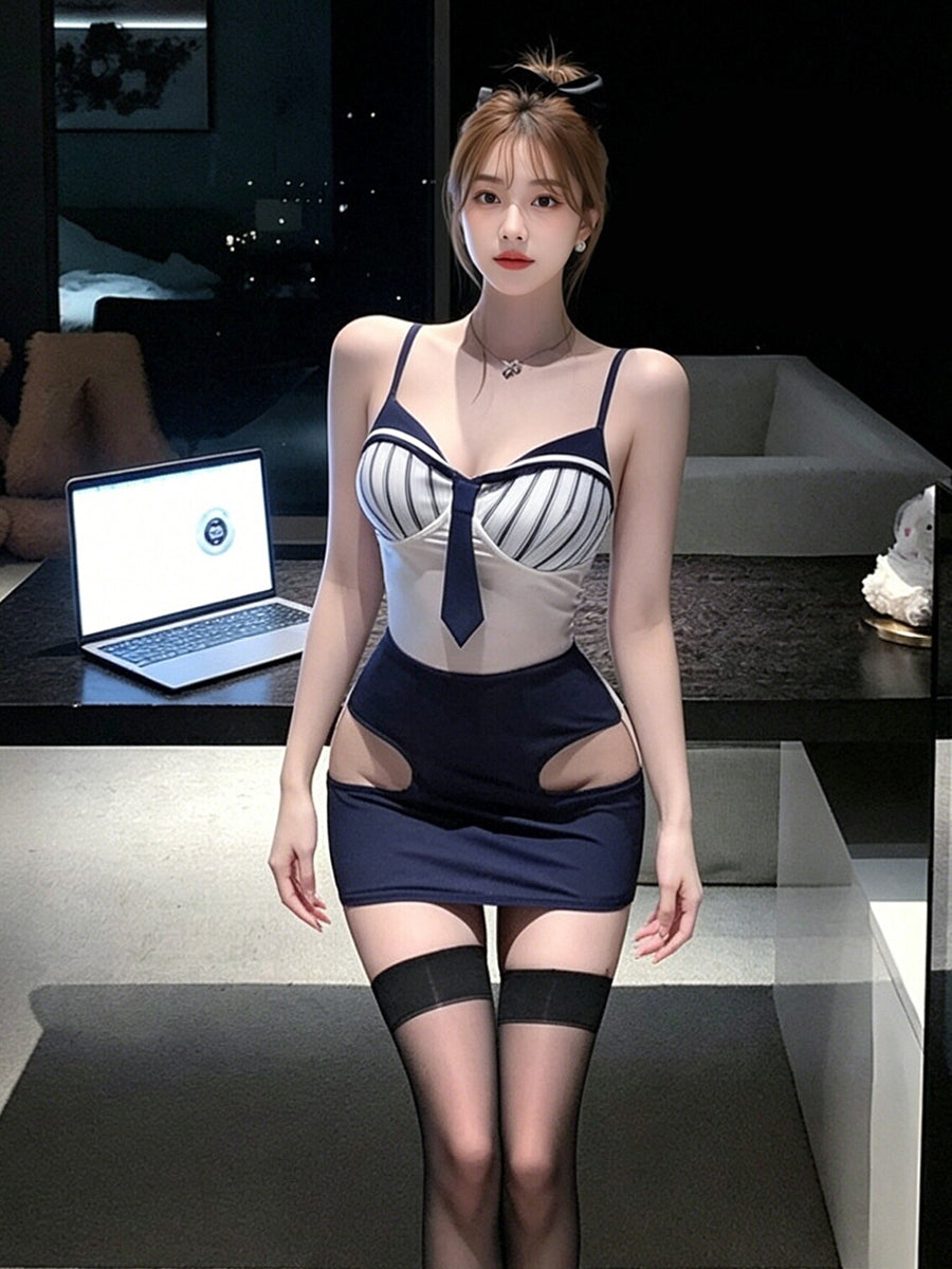 Sexy Navy Office Lady Cosplay Lingerie Anime Secretary Striped Bodycon Dress 