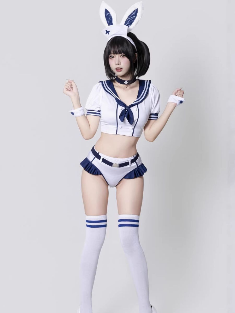Kawaii Bunny Cosplay Costume Anime School Girl Outfit White Crop Top and Short with Bunny Ears Headpiece