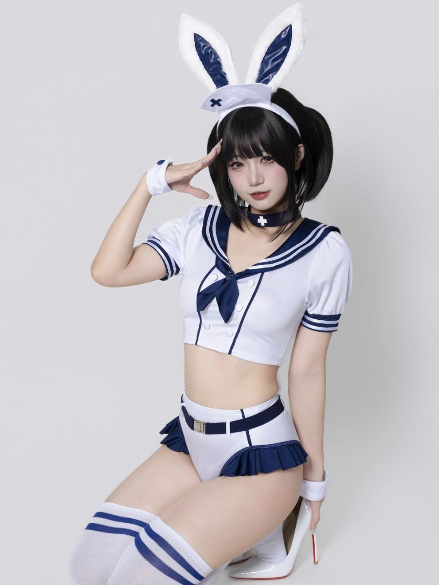 Kawaii Bunny Cosplay Costume Anime School Girl Outfit White Crop Top and Short with Bunny Ears Headpiece