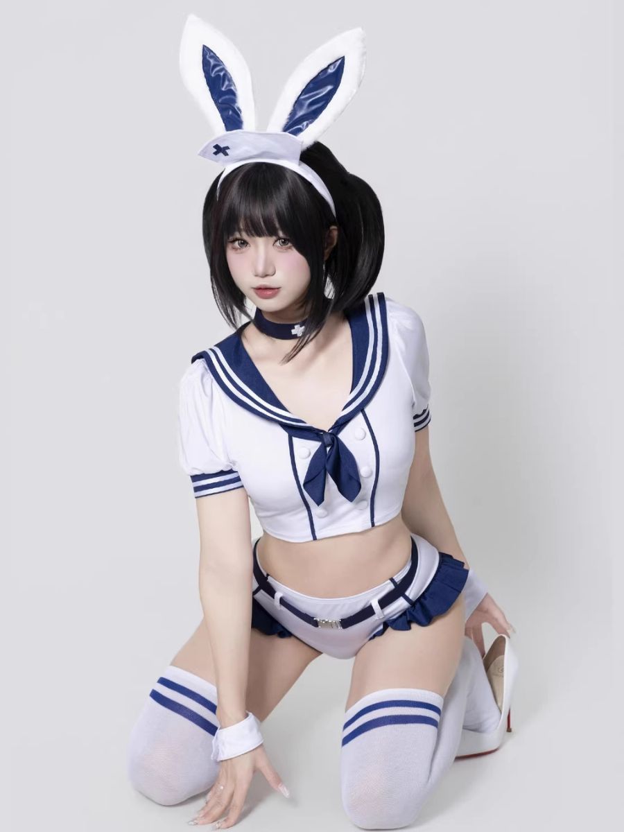 Kawaii Bunny Cosplay Costume Anime School Girl Outfit White Crop Top and Short with Bunny Ears Headpiece