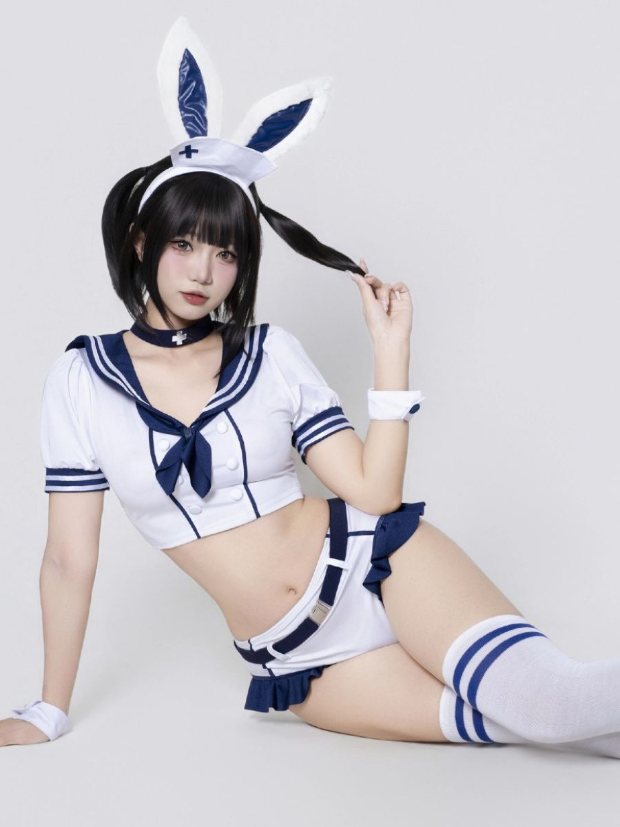 Kawaii Bunny Cosplay Costume Anime School Girl Outfit White Crop Top and Short with Bunny Ears Headpiece