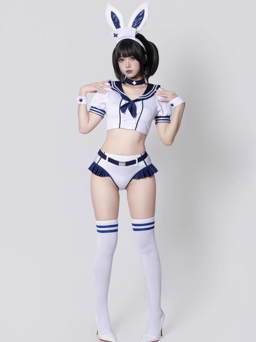 Kawaii Bunny Cosplay Costume Anime School Girl Outfit White Crop Top and Short with Bunny Ears Headpiece